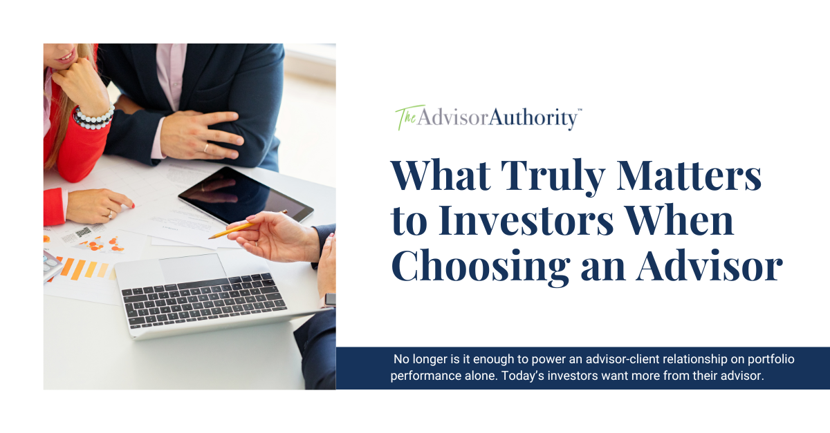 Graphic that shows three people sitting at a table looking over a laptop. The text on the right-hand side of the graphic reads: "What Truly Matters to Investors When Choosing an Advisor."