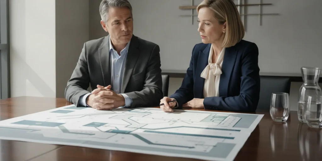 Established financial advisors reviewing a practice integration plan together in a modern conference room